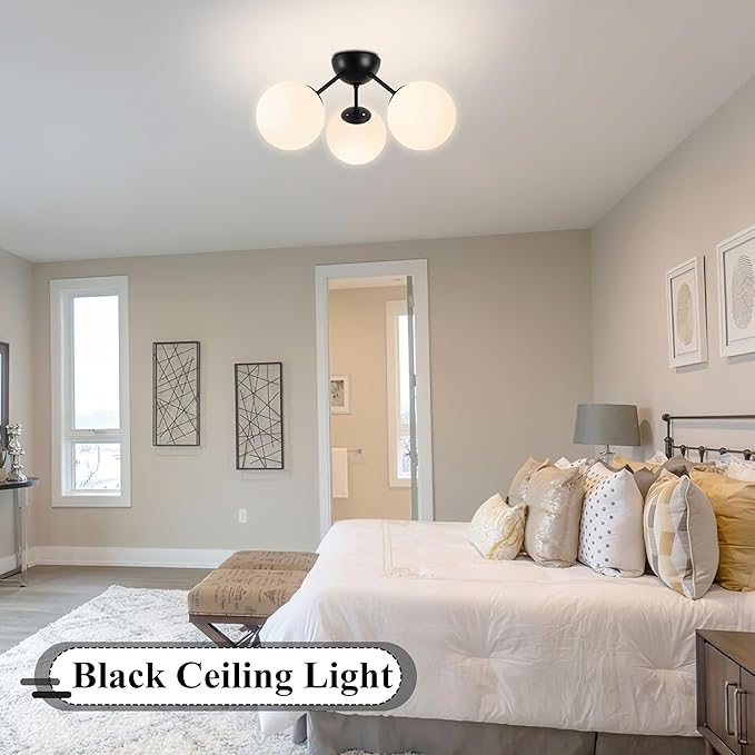 3-Light Mid Century Modern Semi Flush Mount Ceiling Light, Opal Glass Globe & Matte Black, Dimmable, UL Certified, for Bedroom, Kitchen, Living Room (Bulb Incl.)