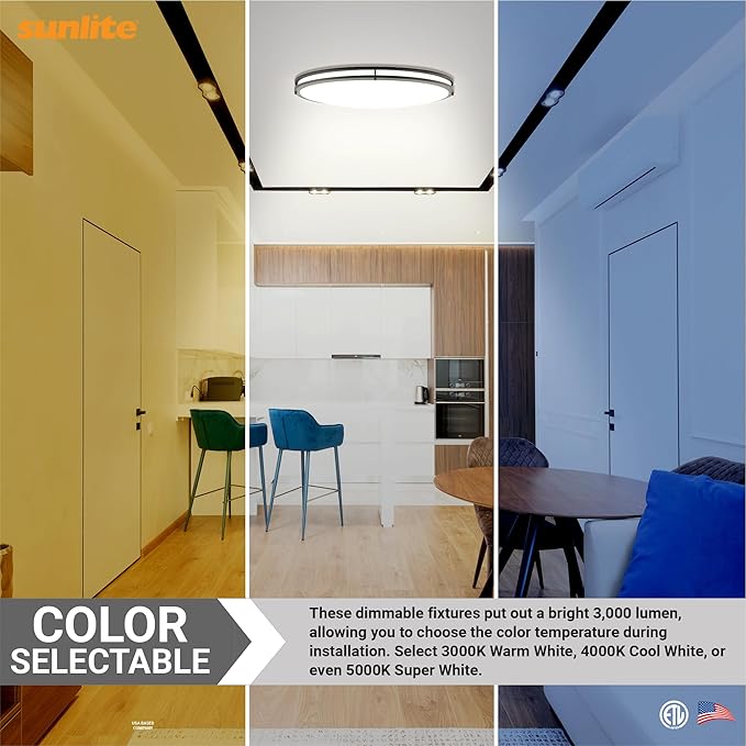 Sunlite 32" Oval Double Band Trim Flush Mount Light Fixture, 35 Watts, 3000 Lumens, Color Selectable 30K/40K/50K, Dimmable, ETL Listed, Matte Black, for Commercial & Residential Use