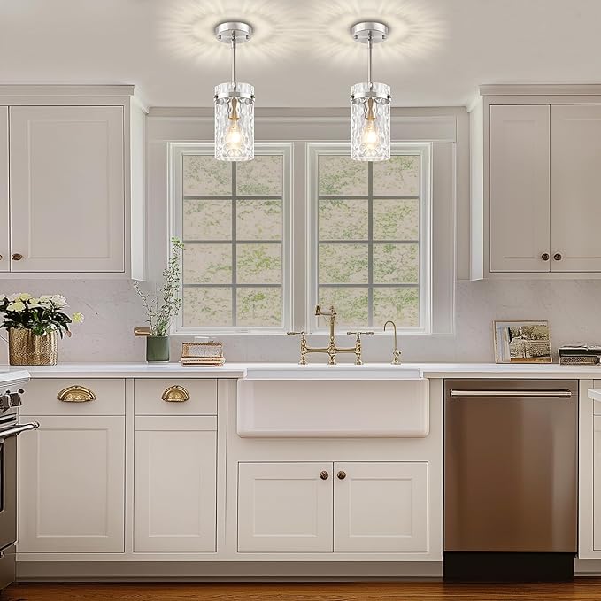2 Pack Brushed Nickel Pendant Lighting for Kitchen Island, Modern Hand-Blown Glass Kitchen Hanging Light Fixtures Over Island Adjustable Mini Pendan Lights for Hallway Entryway Bathroom Dining Room