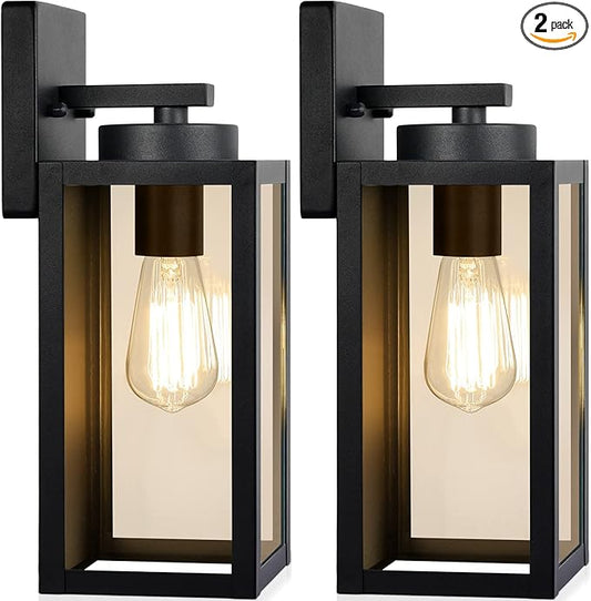 Outdoor Wall Light Fixtures, Exterior Waterproof Wall Lanterns, Porch Sconces Lighting with E26 Sockets & Glass Shades, Modern Matte Black Outside Lights for Patio Front Door Entryway Garage, 2-Pack