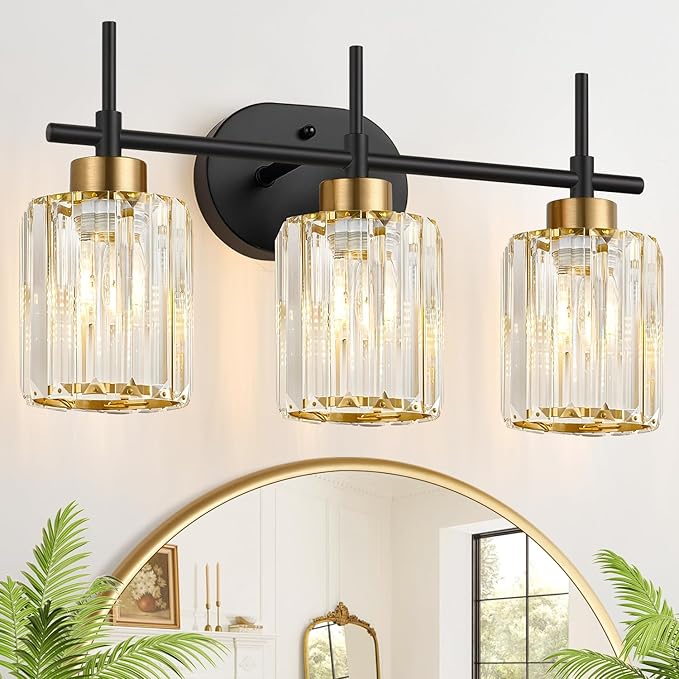 Modern Crystal Bathroom Vanity Light, 3-Light Black & Gold Vanity Lighting Fixture with Clear K9 Crystal Shades, Adjustable Up/Down Installation, E26 Base (Bulbs Not Included)