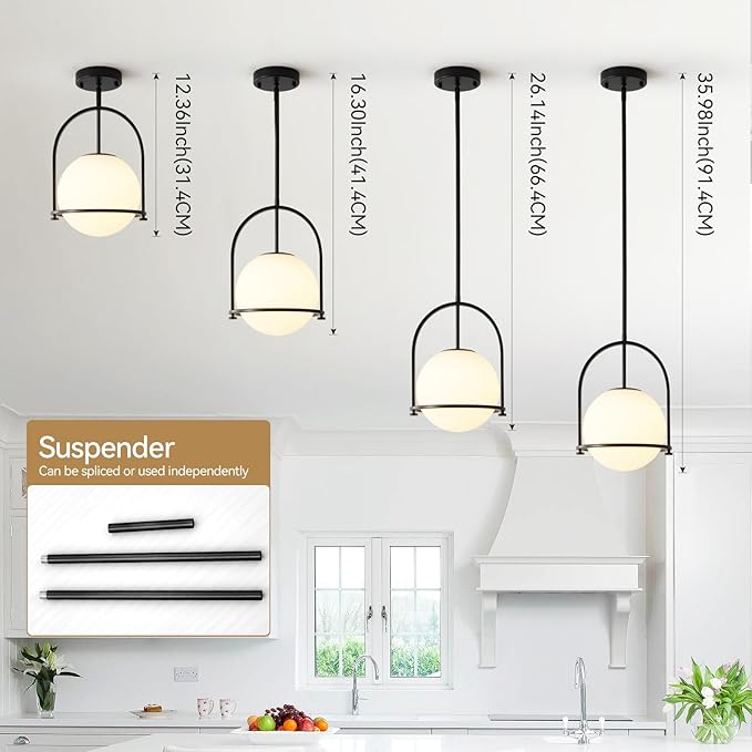 youngrender Modern Black Schoolhouse Pendant Light Fixture, 6" Black Globe Pendant Lighting with Hanging Adjustable Height, One Light Milk Glass Chandelier for Kitchen Island Dining Room Hallway