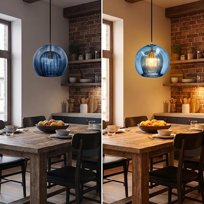 Globe Pendant Light Vintage Blue Glass Pendant Light Mid Century Modern Pendant lamp with 2-Layer Blown Glass Shade Ceiling Hanging Light for Kitchen Living Dining Room Farmhouse