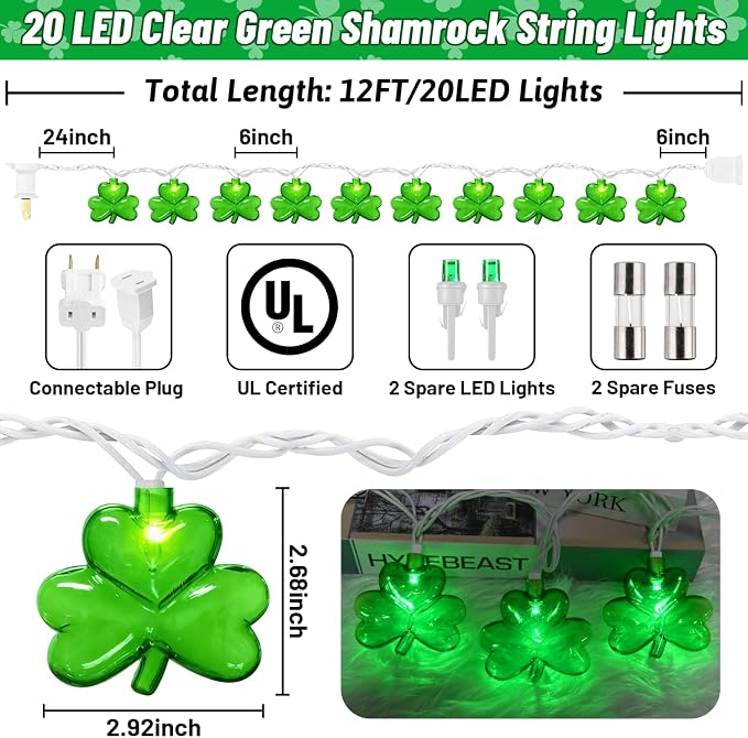 20 LED Clear Green Shamrock String Lights, 12FT St Patricks Day Lights String Outdoor Waterproof with 20 LED Light for Rish Shamrock St Patrick's Day Party Indoor Home Window Porch Garden Decorations