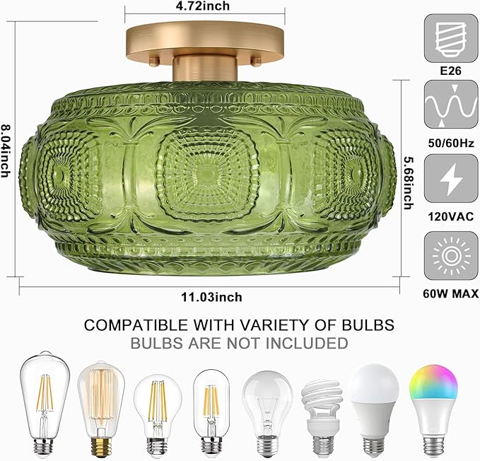 Semi Flush Mount Ceiling Light, Upgraded Larger Green Glass Ceiling Light Fixture, Vintage Lighting for Hallway Kitchen Bedroom Dining Room, Bulb Not Included