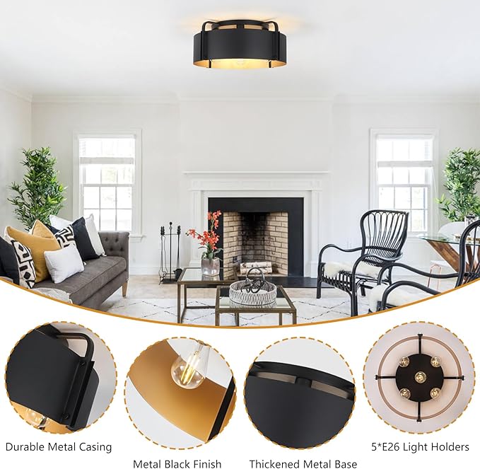 Flush Mount Ceiling Light, 5-Light Large Industrial Ceiling Light Fixture Matte Black with Gold Inside Close to Ceiling Lights for Living Room Kitchen Island,E26 Base (Not Included Bulb)