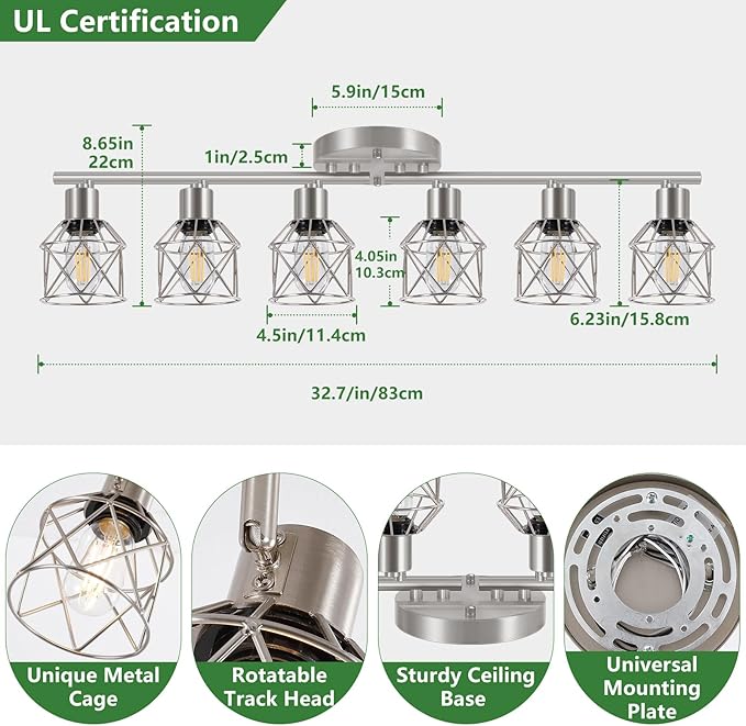 6-Light Brushed Nickel Multi-Directional Semi Flush Mount Ceiling Light, Kitchen Light Fixtures Ceiling Mount, Modern Metal Cage Close to Ceiling Lamp for Dining Room Hallway Entryway