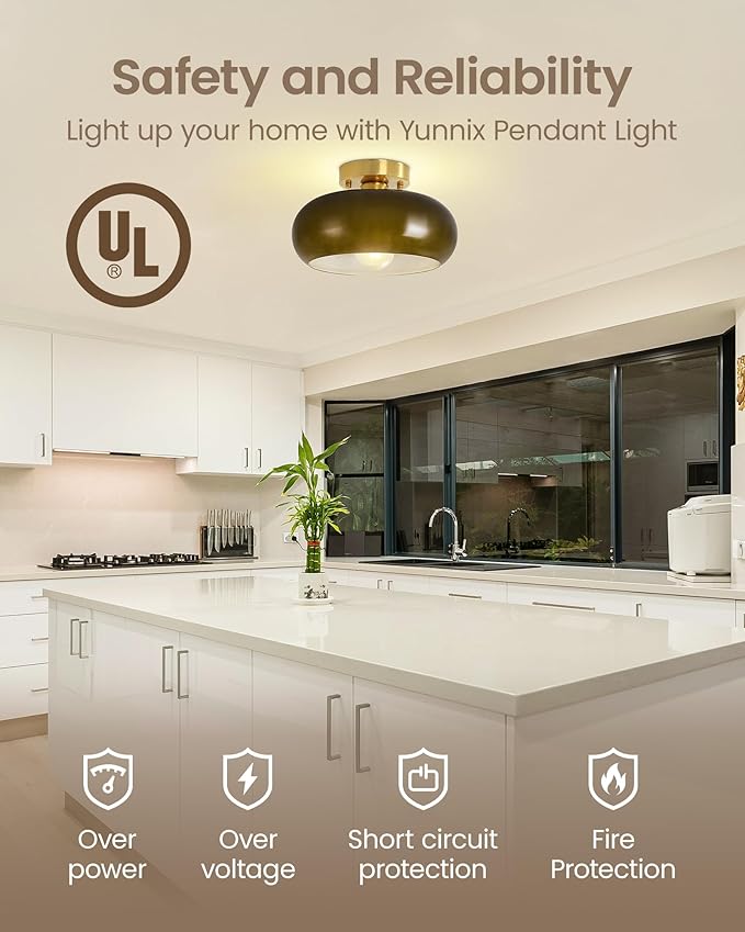 Yunnix Semi Flush Mount Ceiling Light, Gold Light Fixture, Mid-Century Modern Farmhouse Green Glass Small Light Fixtures for Hallway, Bathroom, Kitchen, Bedroom, Living Room, Closet, Laundry(11 Inch)