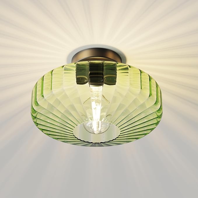FCTWAKS Semi Flush Mount Ceiling Light, 11.8" Mid Century Modern 1-Light Close to Ceiling Light Fixtures with Drum Green Glass Shade for Bedroom Entryway Hallway Porch Foyer