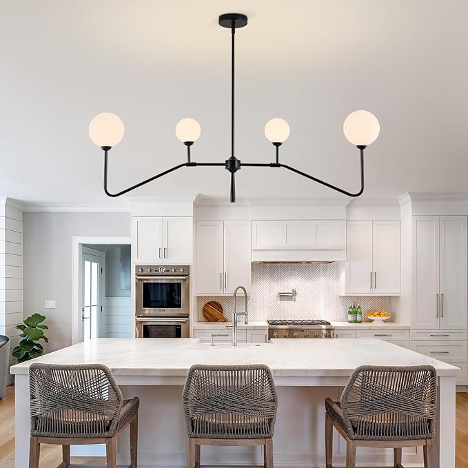 Black Linear Kitchen Light Fixture, 4-Light Globe Glass Pendant Light with Matte Black Metal Frame & Milk White Glass Shades, Adjustable Height Chandelier for Dining Room Kitchen Island