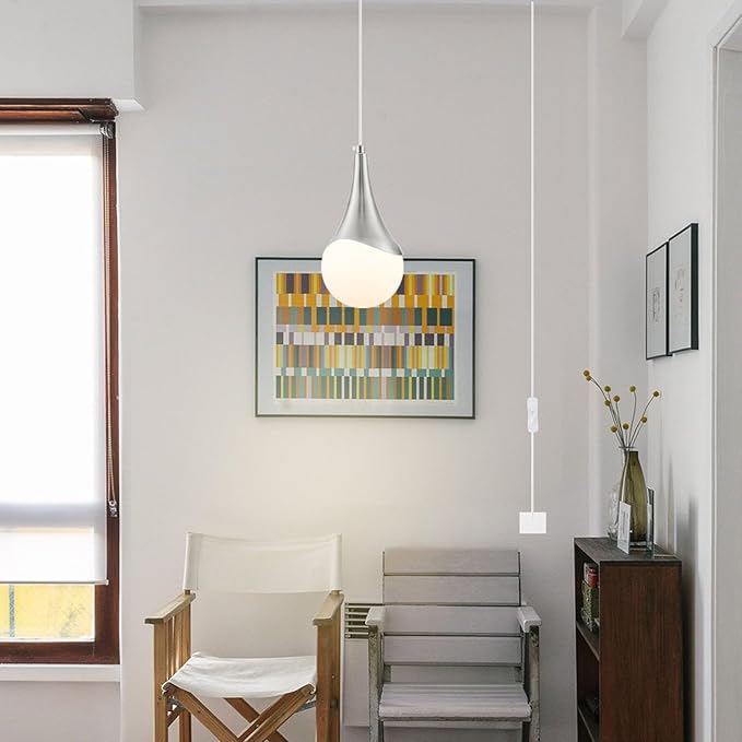 MWZ Brushed Nickel Plug in Pendant Light,Hanging Lights with On/Off Switch Cord,Mini Silver Pendant Lights for Kitchen Island,1-Light Modern Raindrop Chandelier Lamps with White Globe Glass Shade
