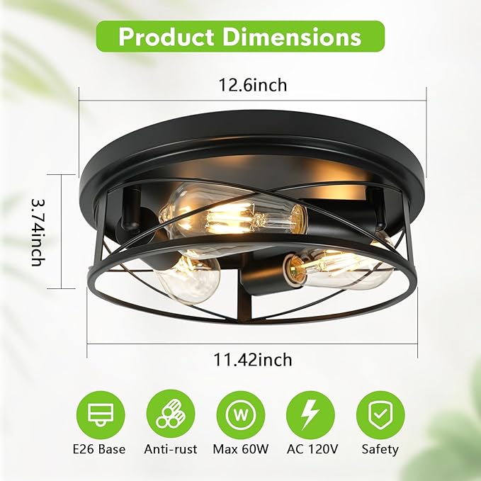 2 Pack Farmhouse Ceiling Light - 12 Inch Big Dimmable Rustic Black Flush Mount E26 Industrial Ceiling Modern Led Light for Hallway Bathroom Kitchen Bedroom (Black, 12 Inch)