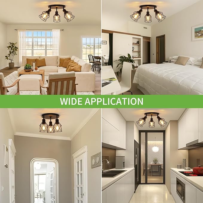 WILON Kitchen Light Fixtures Ceiling Mount, Black Fixtures 3-Light Adjustable Semi Flush Mount Ceiling Light, Multi-Directional Lights for Kitchen Hallway Dining Room(E26 Base)