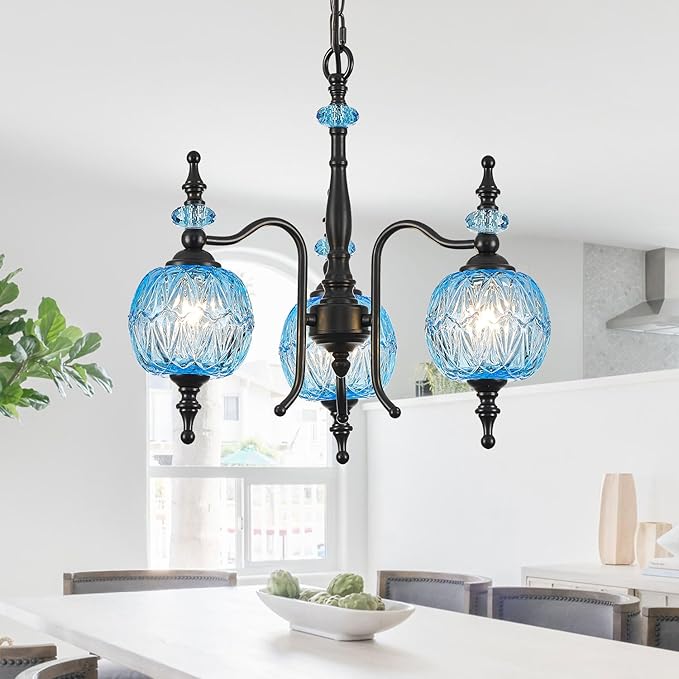 Vintage Blue Pendant Light Fixtures, 3-Light Chandeliers for Kitchen Bedroom Living Room Dining Room Hallway