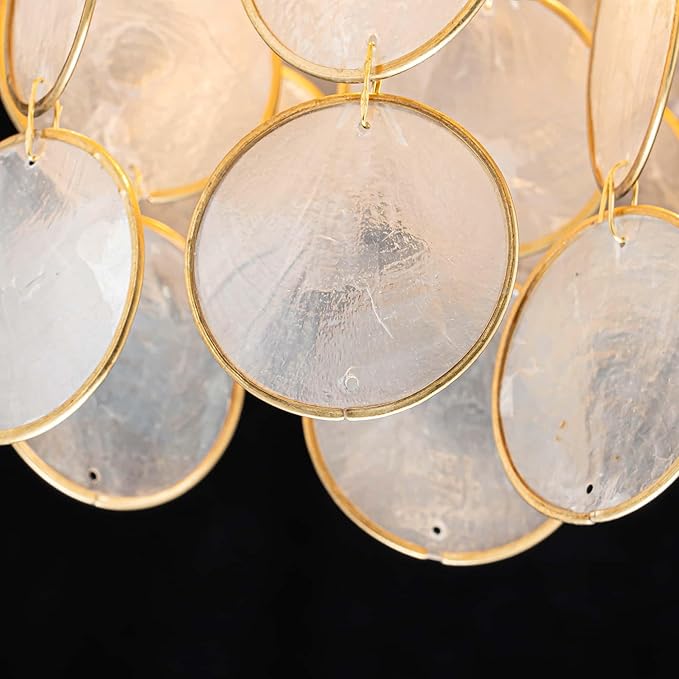 3-Light Capiz Shell Ceiling Light, Coastal Design Flushmount Light Fixture for Dining Room, Living Room, Bedroom, True Shell & Gold Finish Frame