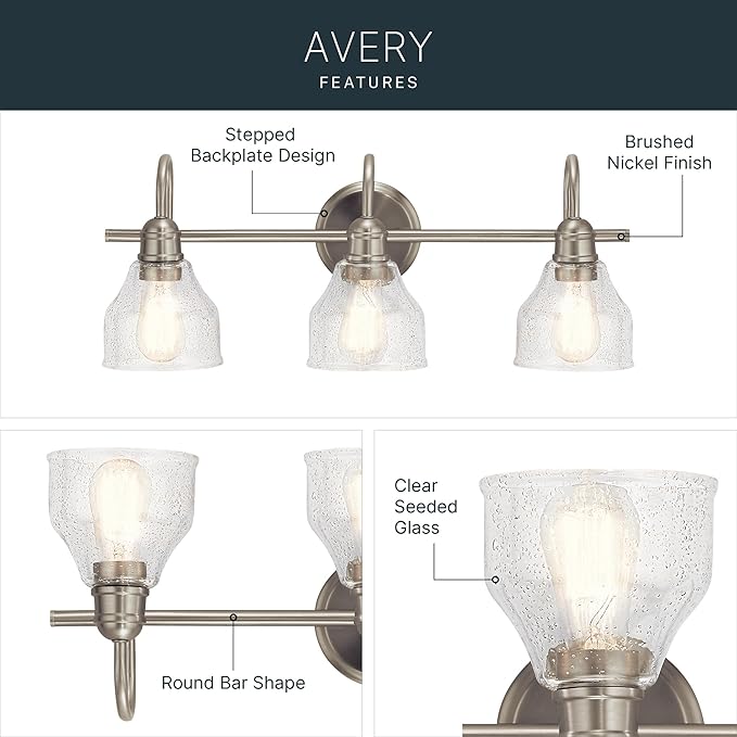 Kichler Avery 24" Vanity Bath Light in Brushed Nickel, Vintage 3-Light Bathroom Wall Mount Fixtured with Clear Seeded Glass, (24" W x 9.25" H), 45973NI