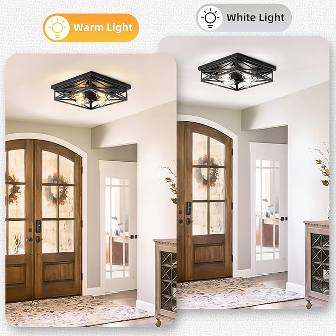 4-Light Flush Mount Ceiling Light Fixture, Kitchen Lights, Black Farmhouse Flush Mount Light Fixture, Metal Cage Closed to Ceiling Mounted Lights for Hallway Entryway E26 Base(1 Pack 13in)