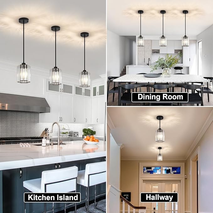 Black Pendant Lights, 3 Pack Crystal Pendant Lights Kitchen Island Lighting, 1-Light Modern Hexagonal Crystal Island Lights for Kitchen, Dining Room, Hallway, Foyer, Entryways