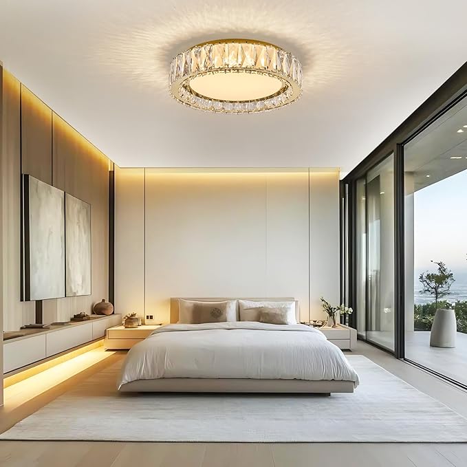 Crystal Dimmable Flush Mount Ceiling Light, Gold Modern LED Close to Ceiling Light Fixture with 5CCT 2700K-6000K, Round Kitchen Lighting for Bedroom Laundry Room, Hallway, Living room (15in 36W)