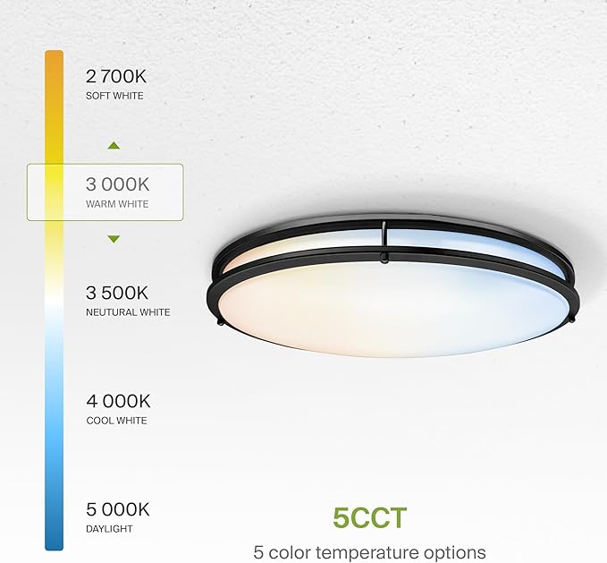 ASD LED 24" Oval Flush Mount Lighting, Close to Ceiling Light Fixture | 5CCT, Dimmable, ETL Listed | 38W 3289LM 2700-5000K 120V | Low Profile Double Ring Lamp | Black, 2 Pack