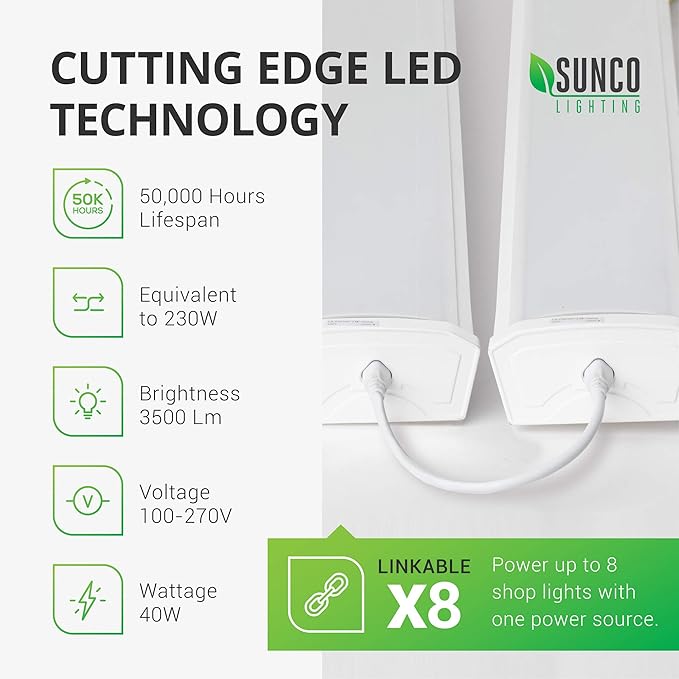 Sunco 10 Pack LED Garage Ceiling Lights Wraparound Fixture 4FT,Linkable Shop Light, 3500 LM, 40W=300W, 5000K Daylight, Hardwired, Surface Mount, Utility Workshop Light ETL