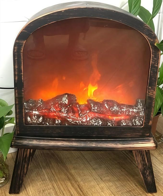 Simulated LED Fireplace Lantern USB & Battery Powered Flameless Light with Emulation Flame Table Decorative Lamp Copper Fireplace Ornament for Cozy Home Decor Free Standing Electric Log Burner