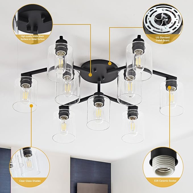 9 Light Kitchen Lighting Fixtures Ceiling Black Semi Flush Mount Ceiling Light Fixture Large Living Room Lighting Cieling Lamps for Dining Room Living Room Light Fixture with Clear Glass Shades