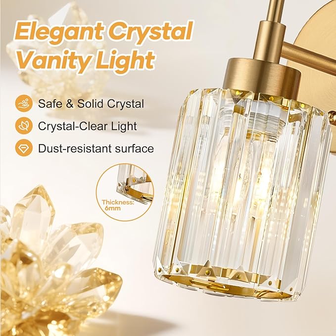 Modern Crystal Bathroom Vanity Light, 2-Pack Brushed Gold Vanity Light with Clear Crystal Shades, Bathroom Light Fixtures Over Mirror (Bulbs Not Included)