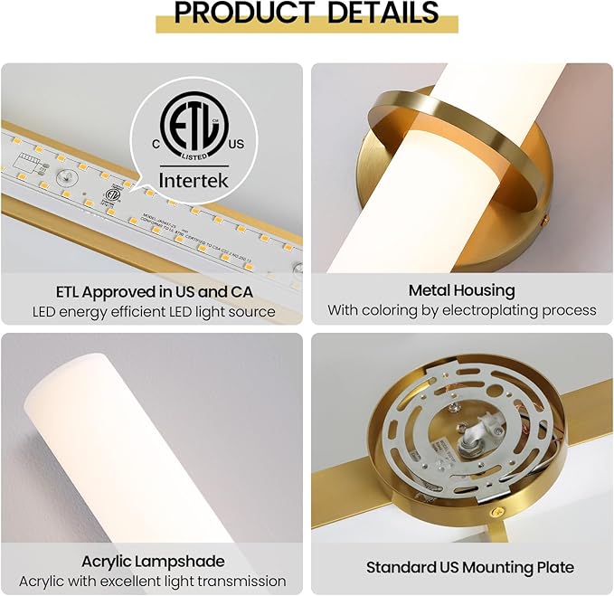 AIJIASI Gold Bathroom Wall Sconces Set of 2: 18 Inch Modern Sconces Wall Lighting 18W LED Dimmable Wall Light with Acrylic Lampshade, Brushed Gold Sconces for Bedroom Living Room Hallway (Hardwired)