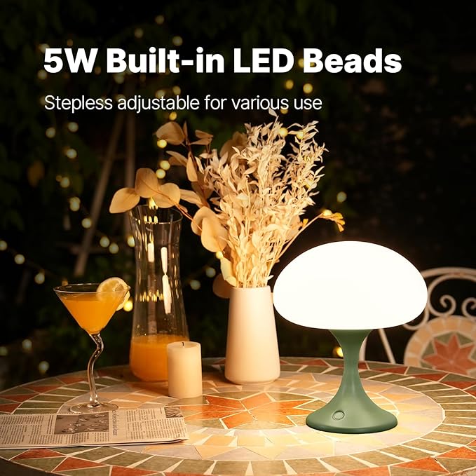 MAGCHARM Mushroom Lamp, 5W LED Cordless Rechargeable Table Lamp with Glass Shade, Small Retro Dimmable Touch Light with 3 Color Temps, Aesthetic Mid Century Bedside Light for Bedroom Ambient, Green