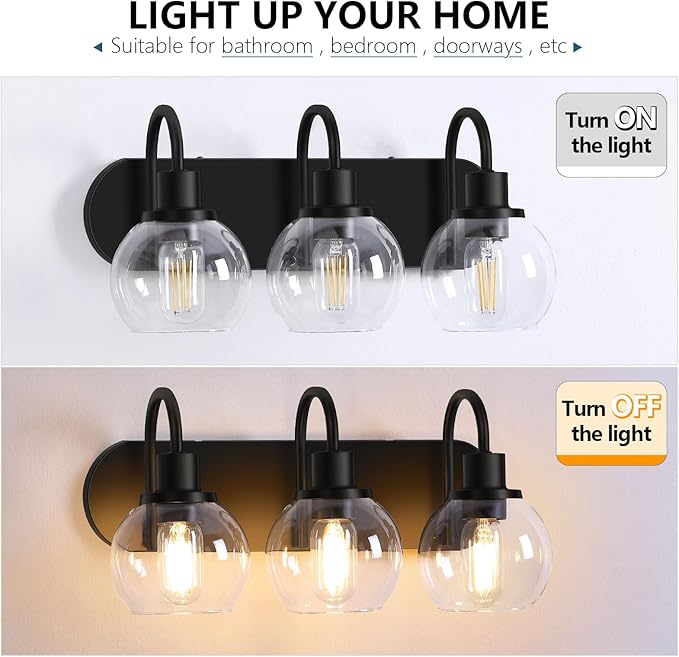 Dpyrrhic Bathroom Vanity Light,Modern 3-Light Bathroom Lighting Fixtures Over Mirror with Clear Glass Shade and Metal Base,Matte Black Bathroom Lighting