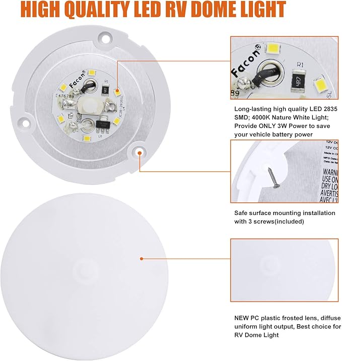 Facon 2-Pack Ultra Slim 3.5'' 12V RV Puck Lights w/Switch, SY-SM35 4000K Cool White LED Interior Lights for RVs, Camper Van, Boats, 12V Dome Light Fixture – cETL Certified