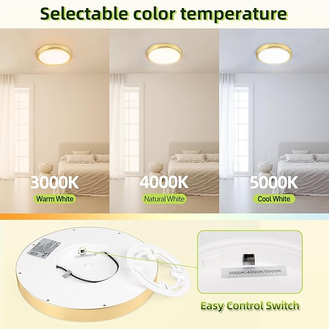 hykolity 2 Pack 9 Inch Selectable CCT LED Round Flat Panel Light, 18W 1800LM 3000K/4000K/5000K, Edge-Lit Flush Mount Ceiling Light Fixture for Kitchen, Bedroom, Laundry and Closet Room，Gold
