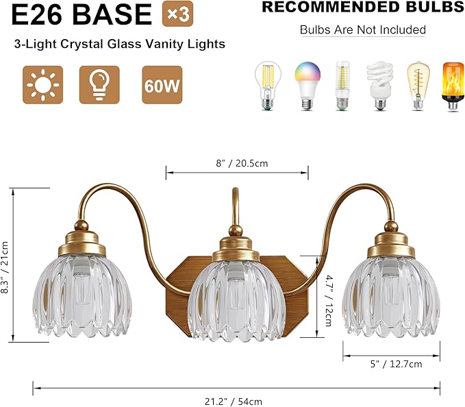 Gold Vanity Light, Vintage Bathroom Light Fixtures, 3-Light Matte Antique Brass Finish with Crystal Glass Shade, Mid Century Style Wall Sconces for Bedroom, Living Room