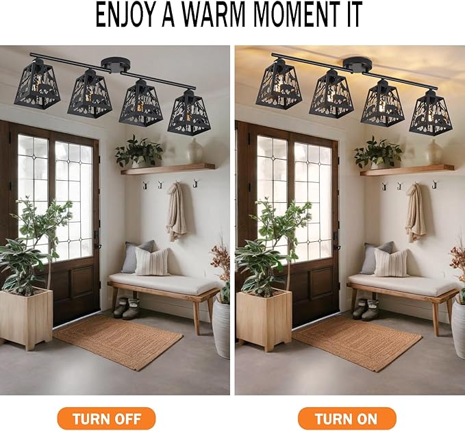 Rustic Flush Mount Ceiling Light - 4-Light Metal Fixture with Bear Design, Farmhouse Ceiling Lamp for Kitchen, Living Room, Bedroom, Dining Room, Entryway, Hallway (Bulbs not Included)