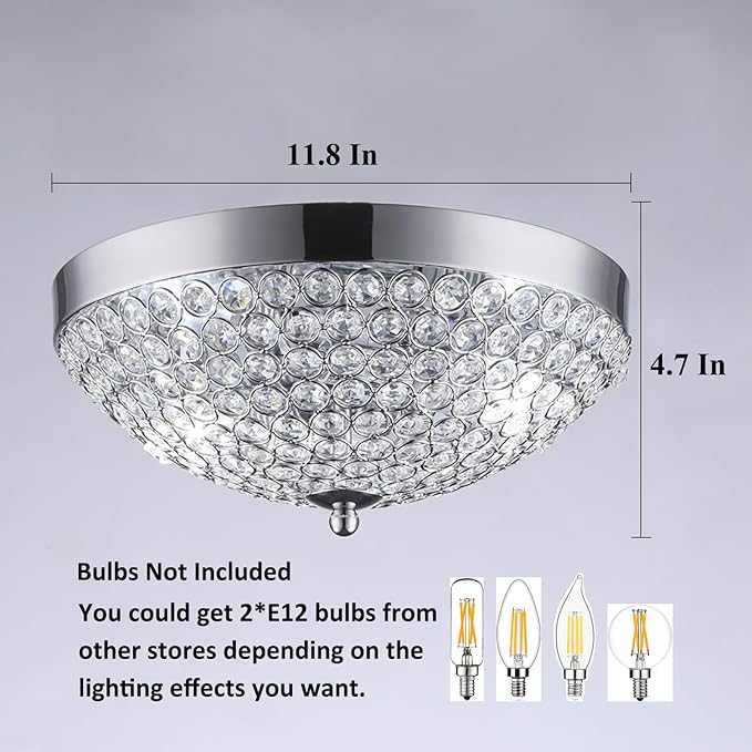 Modern Chrome Flush Mount Crystal Ceiling Light,2-Light Crystal Chandelier Ceiling Lighting for Bedroom Living Room Closet Kitchen,Hallway Light Fixtures with Sparkling Crystal Metal Shade