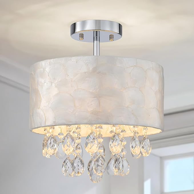3-Light Capiz Shell Crystal Ceiling Light, Coastal Design Semi-Flushmount Drum Light Fixture for Hallway, Living Room, Bedroom, Clear Crystal & Shell Lampshade & Chrome Finish Frame