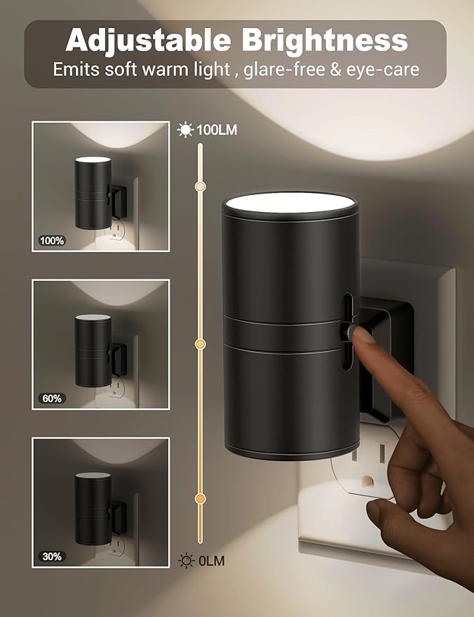 Night Lights Plug into Wall, Dimmable Night Light Plug in, Modern Night Lights with Dusk to Dawn Light Sensor, Soft White 5000K, 0-100LM Adjustable Brightness Nightlight for Hallway Bedroom, 2 Pack