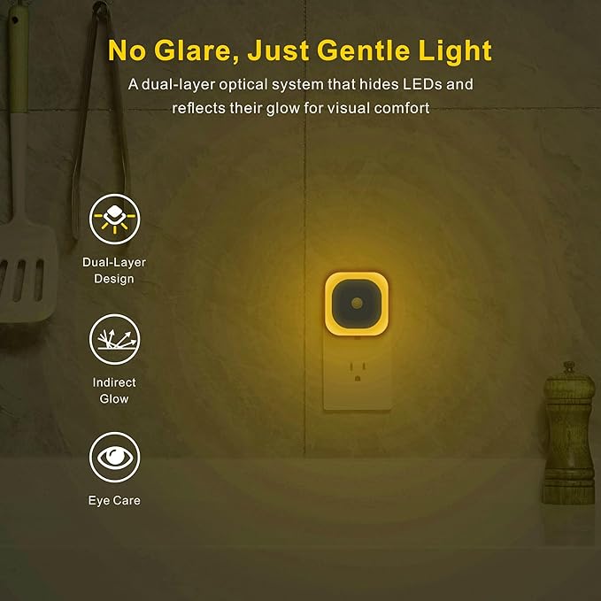 YUNLEX 2 Pack Plug in Night Light with Motion Sensor & Dusk to Dawn Sensor, 3 Sensor Modes, Auto ON/Off, Dimmable, Soft Glow for Living Room, Hallway, Stairs, Bathroom, as Mother Gifts, Golden Yellow