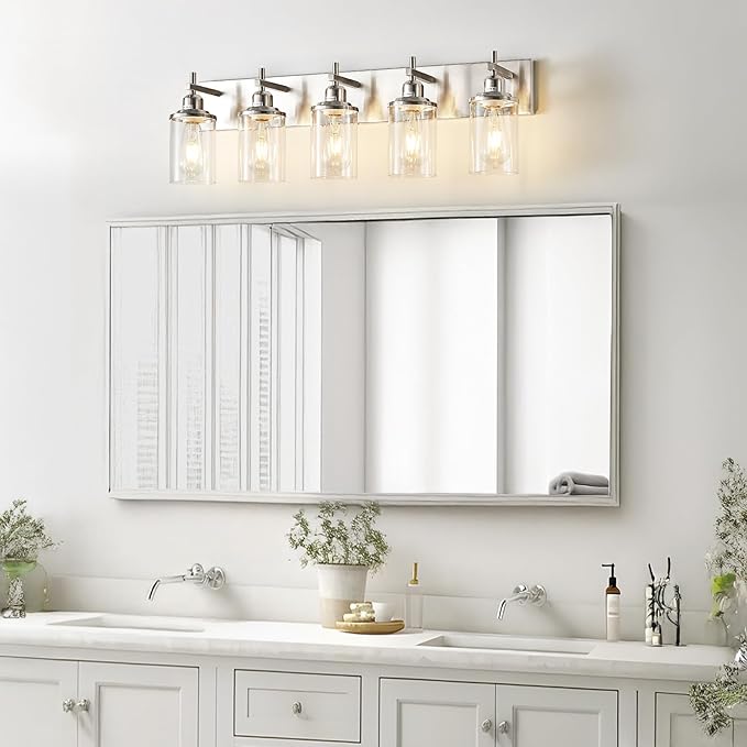 Lanhall 5-Light Brushed Nickel Bathroom Light Fixture Over Mirror Modern Bathroom Vanity Light Vintage Wall Lighting with Clear Glass Shade for Bathroom, Bedroom, Hallway, Cabinet