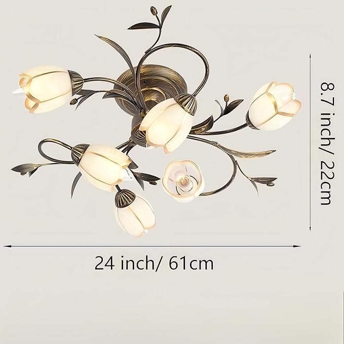 24 Inch 6-Lights Branch Shaped Ceiling Lights, Creative Retro Style Flower Vine Ceiling Light Fixtures, Country Style Ceiling Lamp for Living Room, Bedroom, Kitchen, Study Room