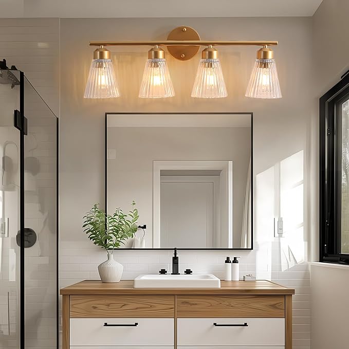 4-Light Bathroom Vanity Light, Painted Gold Bathroom Light Fixtures Over Mirror with Stripe Glass, Modern Wall Lamp, Wall Sconces Lighting for Living Room Bedroom Kitchen Hallway