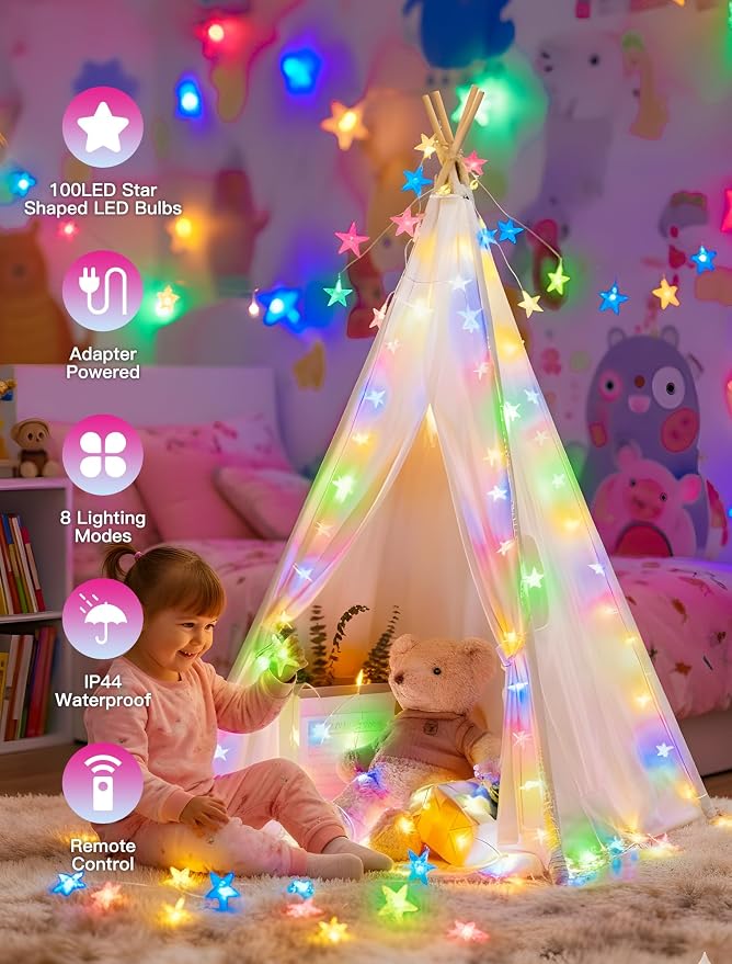 Star String Lights Plug in,39ft 100LED Easter Lights with Remote, Hanging Star Decorations Lights Waterproof for Indoor Outdoor Bedroom Classroom Dorm Kids Tent Party Decor,Multicolor