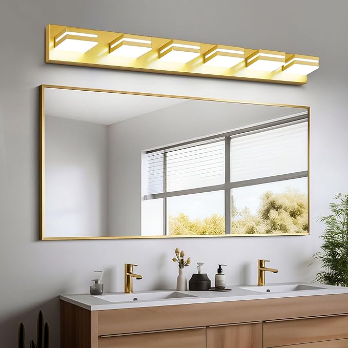 Modern LED Bathroom Lights Fixtures 6-Light,Metal Gold Acrylic Wall Lighting,Vanity Lights for Bathroom Over Mirror 6000k 41in