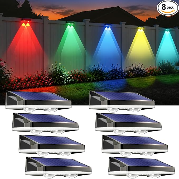 Solar Fence Lights with 13-Mode RGB, Solar Power Garden LightsWaterproof IP65, 20 Hours of Runtime, Solar Outdoor Lights for Yard, Deck, Patio, Wall, Post(8PCS)