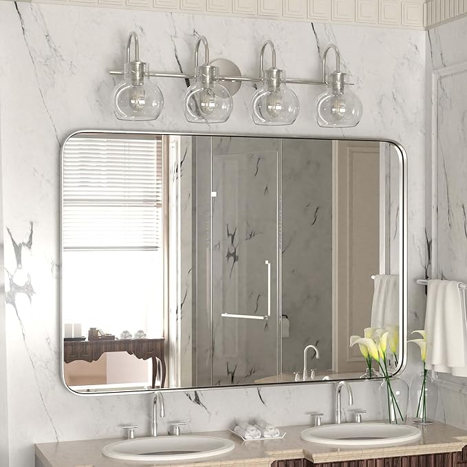 4-Light Bathroom Light Fixtures, Brushed Nickel Vanity Light, Farmhouse Wall Lights with Clear Glass Shade, Bathroom Wall Lamp for Mirror Kitchen Bedroom Hallway Living Room Hallway Cabinet
