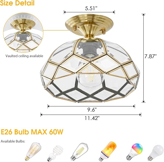 Brass Glass Semi Flush Mount Ceiling Light 1-Light Hallway Ceiling Light Vintage Gold Close to Ceiling Light Fixture for Foyer,Entryway,Kitchen,Bathroom,11.42in
