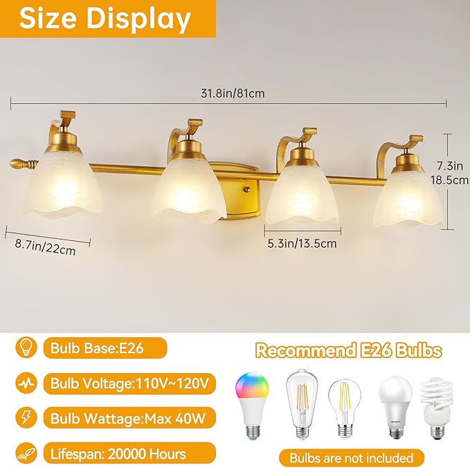 Bathroom Light Fixtures (4-Light, 32 Inch), Brushed Gold Vanity Lights for Bathroom with White Frosted Glass Shade, Modern Vanity Wall Lights for Mirror Bedroom Living Room Kitchen Hallway Porch