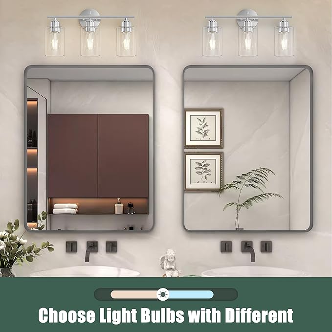 Espird Bathroom Vanity Light Fixtures Polished Chrome Bathroom Lighting Fixture, 3 Lights Bathroom Light Fixture Over Mirror, Modern Black Vanity Light, Wall Sconces with Glass Shades