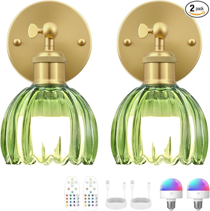 Vintage Battery Operated Wall Sconce, Green Tulip Glass Lampshade Wireless Rechargeable Battery Powered LED Wall Light with Remote Dimmable for Bedside Bedroom Doorway Living Room, Set of 2